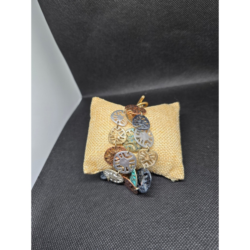 Mixed Metal Multi Strand Coin Charm Bracelet Verdigris Toggle Clasp Goldtone